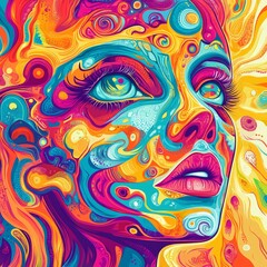  Abstract Colorful Female Face Portrait  Psychedelic Art  Swirls  Eyes  Lips