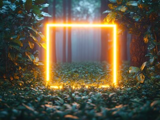 Wall Mural - Glowing Neon Frame in a Mysterious Forest