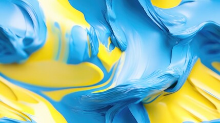 Hyperrealistic soft focus melting bright blue and yellow 3D paint for an experimental art exhibition in Cinema 4D style