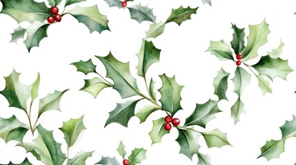 Watercolor pattern featuring holly with green leaves of a winter plant on a white background Seamless handmade design illustrating a wild plant