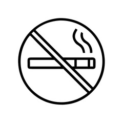 A minimalist no smoking sign, featuring a red circle with a diagonal slash through a cigarette icon, on a transparent background