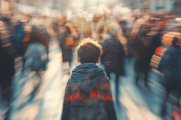 Wall Mural - kid lost in nowhere in the crowd, feeling sad concept of being fatherless and motherless in family