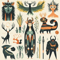 Mythical Creatures and Folklore Illustration Set   Folk Art  Fantasy   Decorative   Hand D