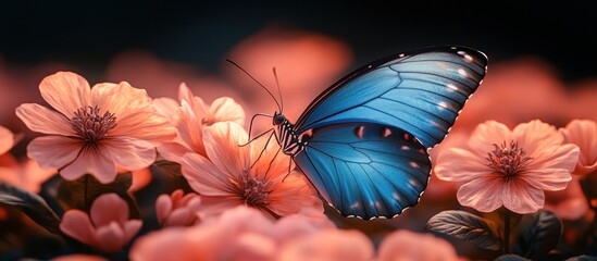 Wall Mural - Blue Morpho Butterfly on Pink Flower