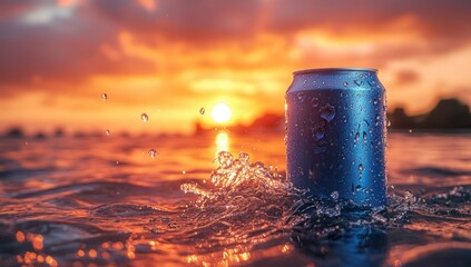 can in the water at sunset