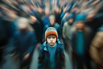 Wall Mural - a young boy standing in a crowded of nowhere, overwhelmed by the rush of people, symbolizing the ove