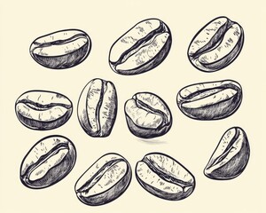 Cartoon style line art illustration featuring coffee beans