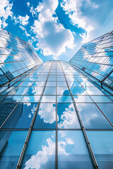 Wall Mural - Reflective skyscrapers, business office buildings. Low angle photography of glass curtain wall details of high-rise buildings.The window glass reflects the blue sky and white clouds. . High quality