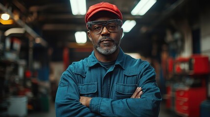 Skilled mechanic wearing a red cap poses confidently in an automotive workshop with tools and equipment in the background