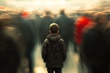 Wall Mural - a child stands alone in a blurred crowd, symbolizing feelings of isolation and being lost in the wor