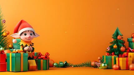 Wall Mural - Cute Elf and Presents with Free Copy Space on Bright Orange Background