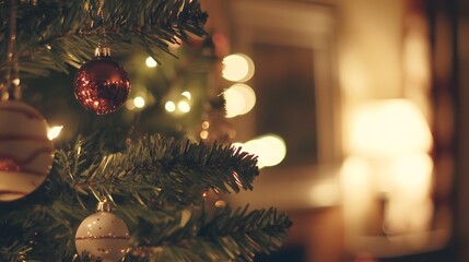 Close-up of a beautifully decorated Christmas tree with twinkling lights and ornaments, creating a soft glow and festive atmosphere, capturing the essence of holiday cheer and tradition