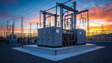 Electric substation at sunset, featuring high voltage equipment, transformers, and power lines against a colorful sky.