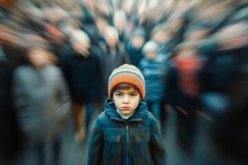 Wall Mural - a boy wandering through a crowded street, looking overwhelmed and anxious, his mental state reflecti