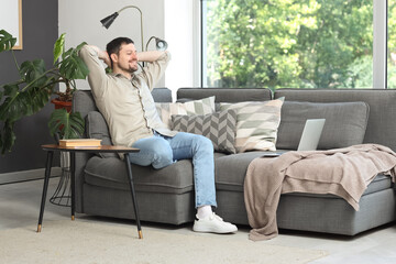 Poster - Young male teacher with laptop giving online lesson on sofa at home