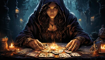 A mysterious woman, cloaked in dark robes, intensely reads tarot cards by candlelight in a shadowy, enchanted forest setting. The scene is filled with mystical energy and intrigue.