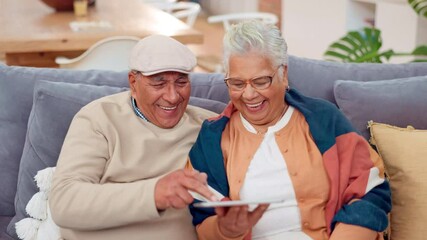 Poster - Laughing, tablet and senior couple on couch for fun streaming, news website or social media memory in home. Smile, old man and woman on sofa together with digital app for happy bonding, love or relax