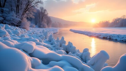 Sticker - A frozen riverbank at sunset, with snow-covered banks and trees reflecting warm hues of the setting sun