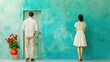 © Sumet - A couple stands apart in a serene setting, highlighting the themes of love, distance, and emotion against a colorful backdrop.