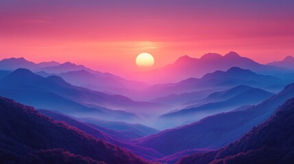 Wall Mural - Serene sunset over layered mountains, creating a tranquil atmosphere.