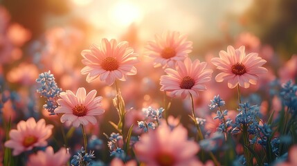 Canvas Print - Pink Flowers in a Field at Sunset