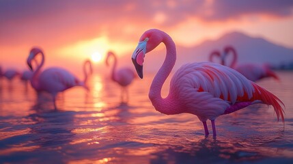 Canvas Print - Pink Flamingos at Sunset