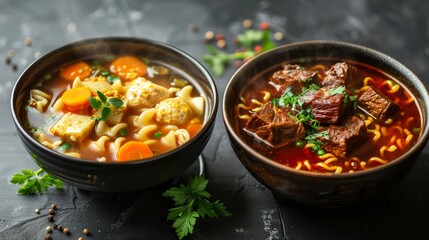 Two bowls of soup with noodles and vegetables in them.