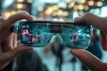 Wall Mural - Augmented reality glasses displaying a floating matrix code in the lenses, with hands interacting with virtual objects