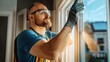 © Sumet - A focused worker installing a window, wearing protective gear and gloves, showcasing craftsmanship in a bright interior.