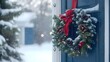 © F - Festive holiday wreath hanging on a front door with a snow-covered background, illuminated by natural light, evoking warmth and seasonal cheer during the winter holiday season