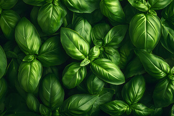 A full frame of glossy green basil leaves with detailed veins, creating a lush and abundant appearance.