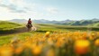 © Sumet - A scenic view of a rider on horseback traversing a vibrant meadow filled with wildflowers against a backdrop of rolling mountains.