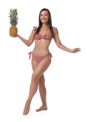 Canvas Print - Woman in bikini with fresh pineapple on white background