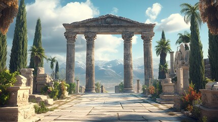 Greek temple front with classic Doric columns and Mediterranean greenery