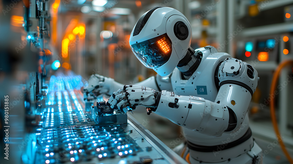 An advanced robot working on a futuristic control panel in a high-tech ...
