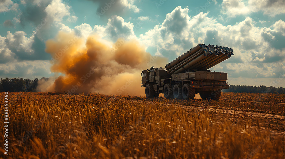 Military vehicle launching rockets in a field, surrounded by clouds of ...