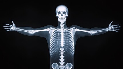 A striking X-ray image of a skeleton with arms outstretched, showcasing the structure of human bones against a dark background.