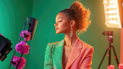 A stylish model poses gracefully in a vibrant studio setting, showcasing a colorful outfit and elegant jewelry.