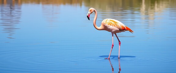 A single flamingo stands in shallow blue water, its reflection mirrored below.