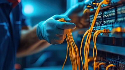 A technician manages colorful data cables in a modern server room, emphasizing technology and connectivity in a digital environment.