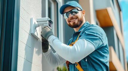 A technician installs a security camera on a home's exterior, showcasing professionalism and attention to detail.