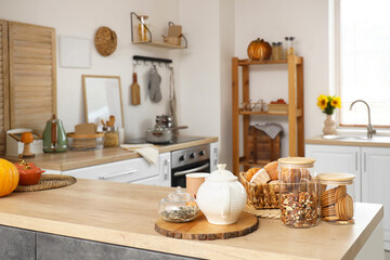 Poster - Tasty food with tea on counter in kitchen