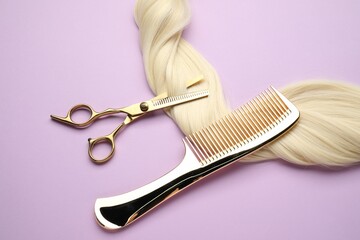 Poster - Blonde hair strand, comb and professional scissors on violet background, top view