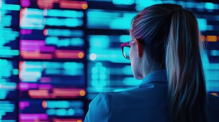 A woman analyzes data on a vibrant, high-tech screen, showcasing modern technology and digital analytics in a professional setting.