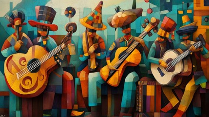 Abstract Cubist Fusion of Traditional Folk Art Musicians and Dancers