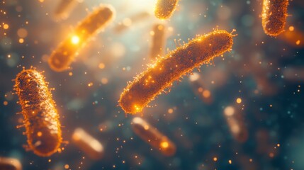 Fototapete - Microscopic bacteria are illuminated in golden hues as they float through a vibrant, shimmering background. This intricate display showcases the detailed textures of these microorganisms.
