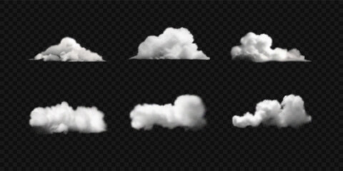 Set of vector realistic clouds, smoke or fog. White fluffy 3d clouds isolated on transparent backdrop