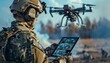 © RESTY - Soldier using tablet to control military drone in combat zone