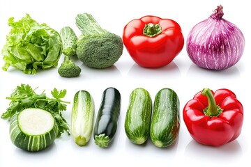 Fresh produce: A collection of vegetables set against a white backdrop, showcasing a diverse range of vegetables in various forms and colors, emphasizing their freshness and natural appeal.