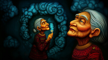 Hispanic old woman with a light in hands illustration. Spiritual moment.